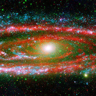 The Andromeda galaxy, showing a yellow centre and red spiral arms, with scattered blue and red dots
